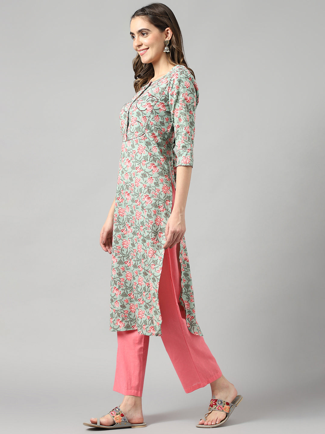 Cotton Green & Pink Straight Hem Kurta