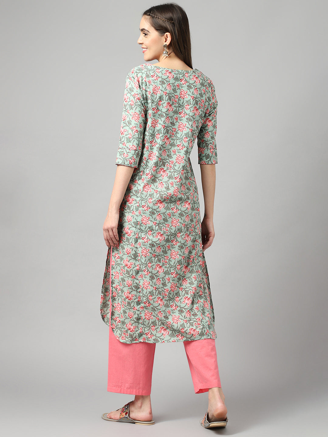 Cotton Green & Pink Straight Hem Kurta