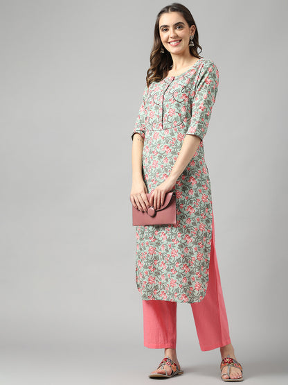 Cotton Green & Pink Straight Hem Kurta