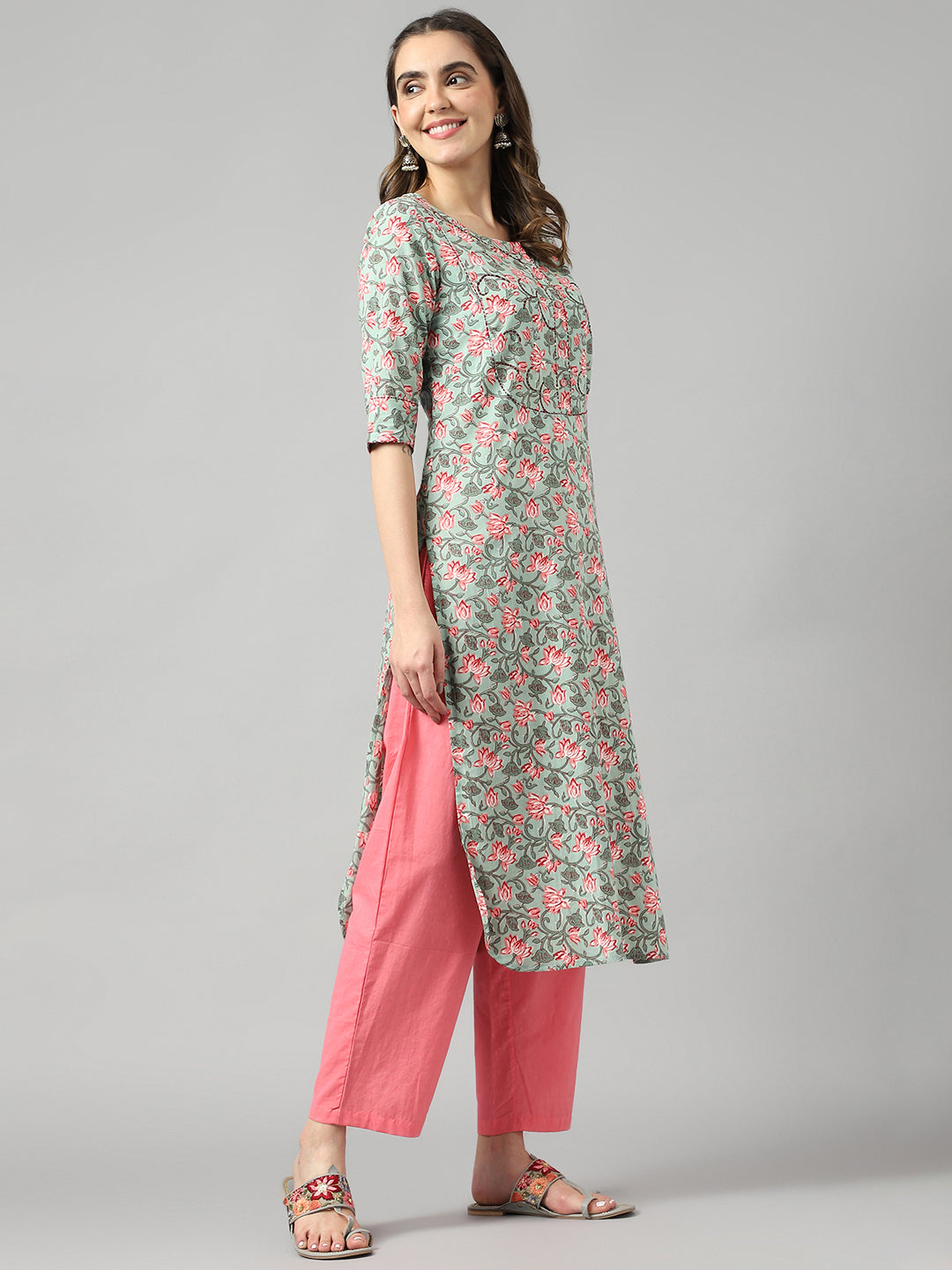 Cotton Green & Pink Straight Hem Kurta