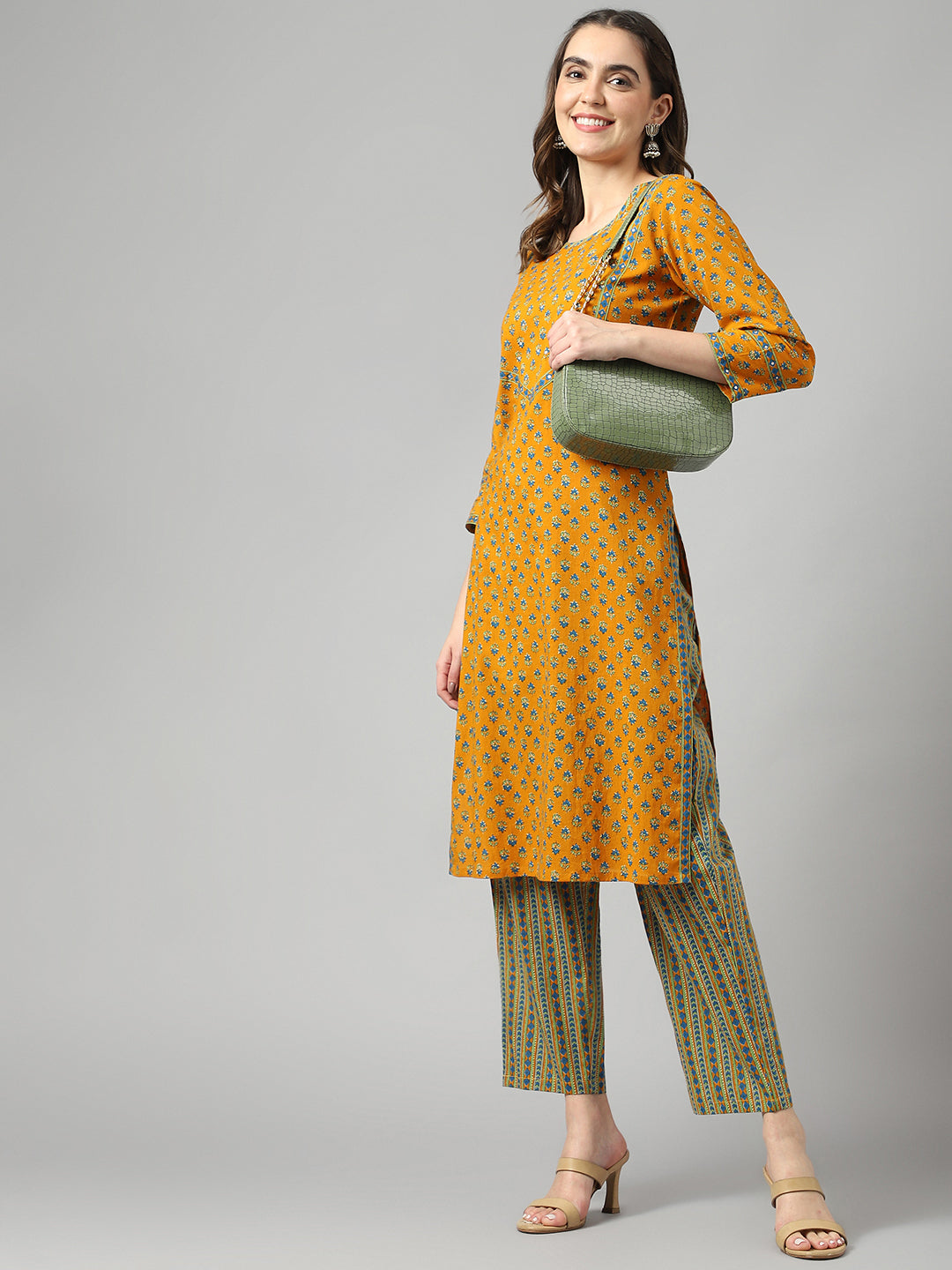 Mustard Handwork Straight Kurta