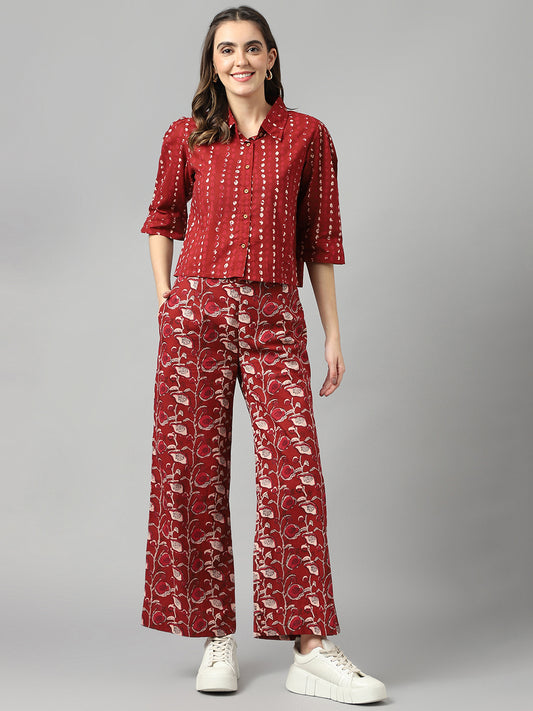 Cotton Maroon Shirt Coller Printed Top