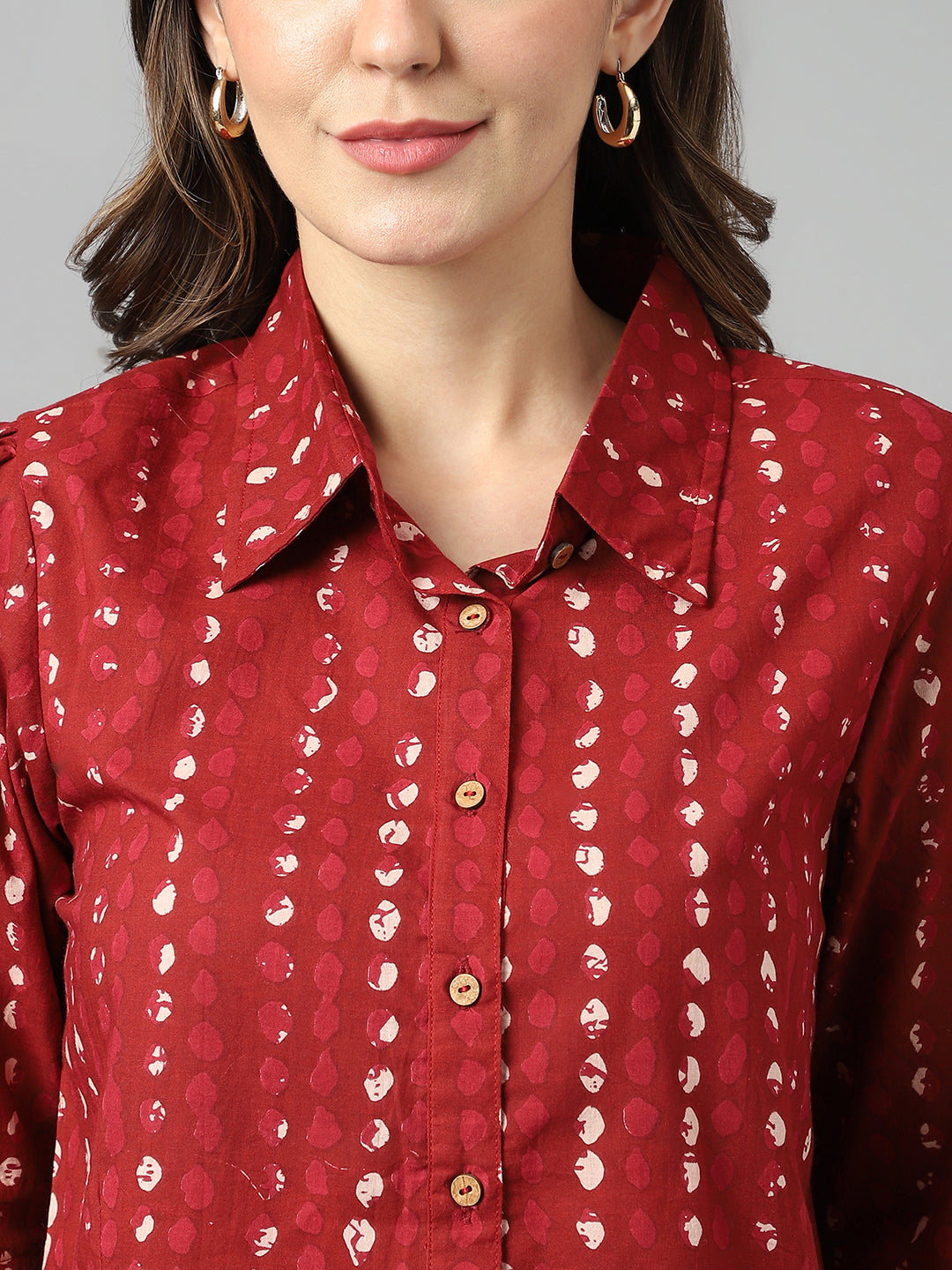 Cotton Maroon Shirt Coller Printed Top