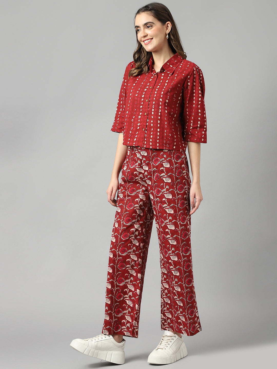 Cotton Maroon Shirt Coller Printed Top