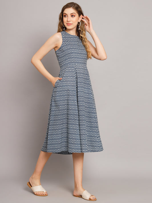 Grey Printed A-Line Pocket Dress