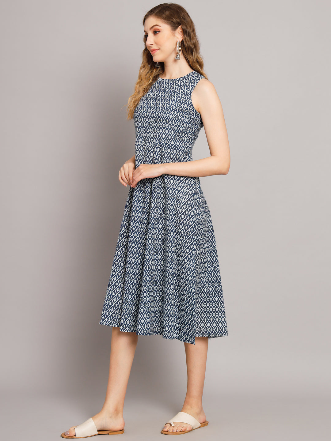 Grey Printed A-Line Pocket Dress