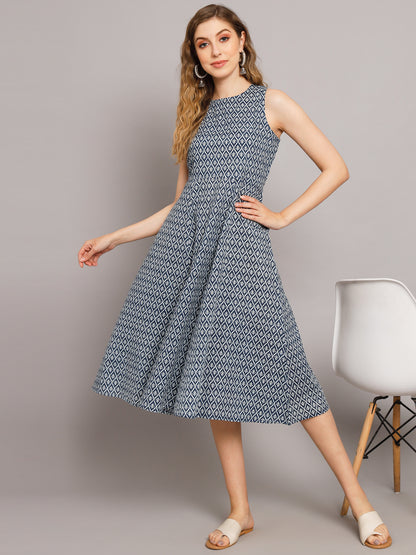 Grey Printed A-Line Pocket Dress