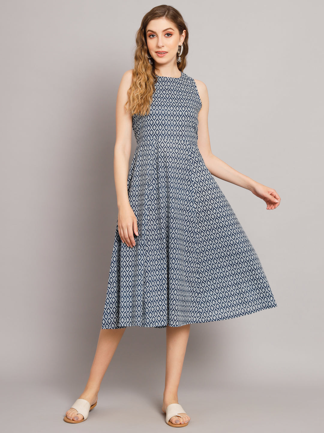 Grey Printed A-Line Pocket Dress