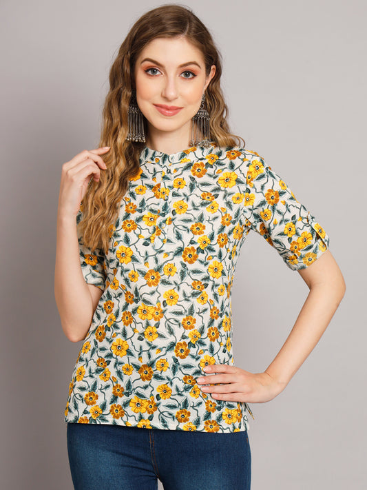 Floral Mandarin Collar Pure Cotton Tunic Top