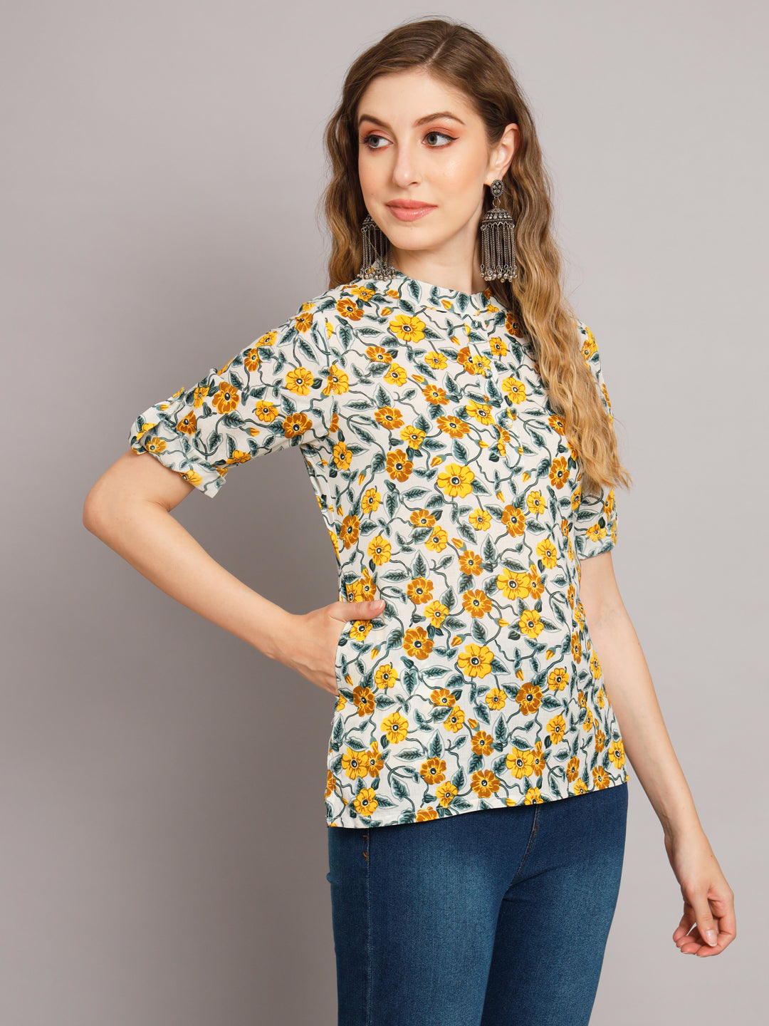 Floral Mandarin Collar Pure Cotton Tunic Top