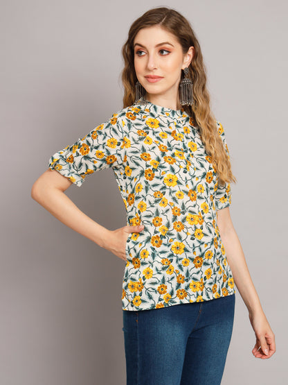 Floral Mandarin Collar Pure Cotton Tunic Top