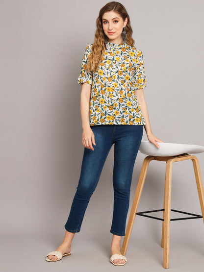 Floral Mandarin Collar Pure Cotton Tunic Top