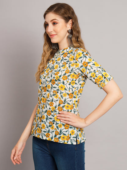 Floral Mandarin Collar Pure Cotton Tunic Top