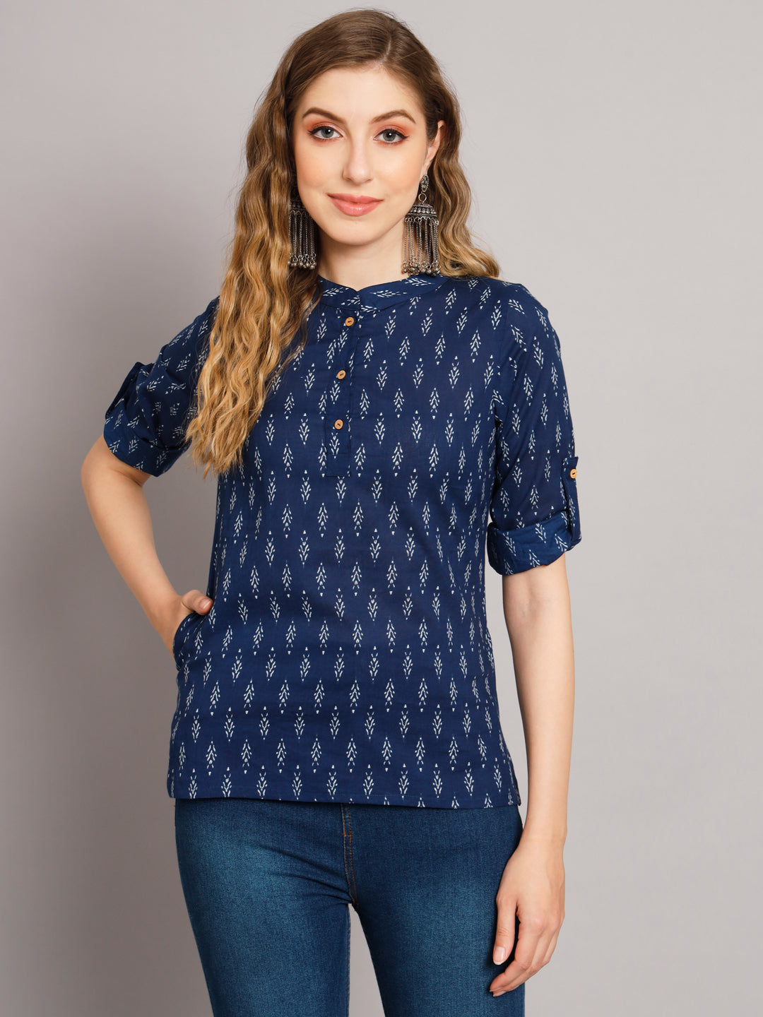 Blue Ikat Mandarin Collar Pure Cotton Tunic Top