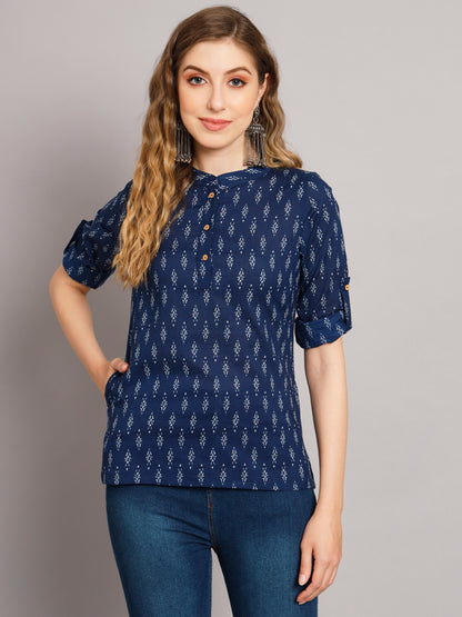 Blue Ikat Mandarin Collar Pure Cotton Tunic Top