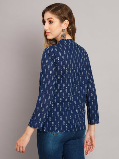 Blue Ikat Mandarin Collar Pure Cotton Tunic Top