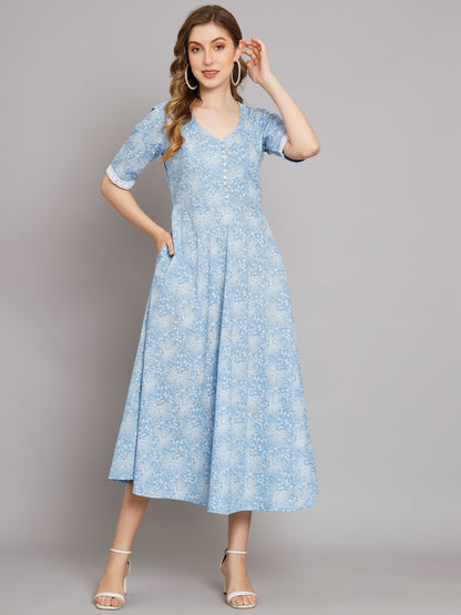 Blue Textured Print Lurex Maxi Embellished Dress