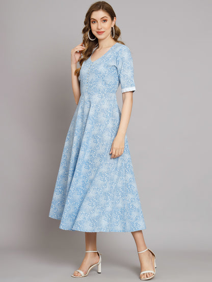 Blue Textured Print Lurex Maxi Embellished Dress