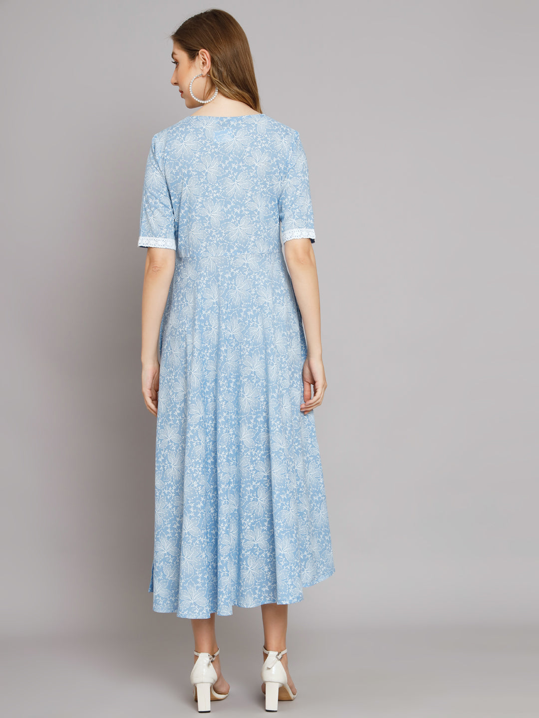 Blue Textured Print Lurex Maxi Embellished Dress