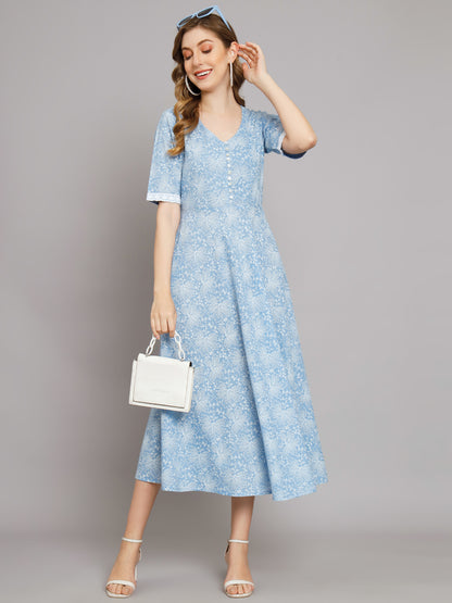 Blue Textured Print Lurex Maxi Embellished Dress