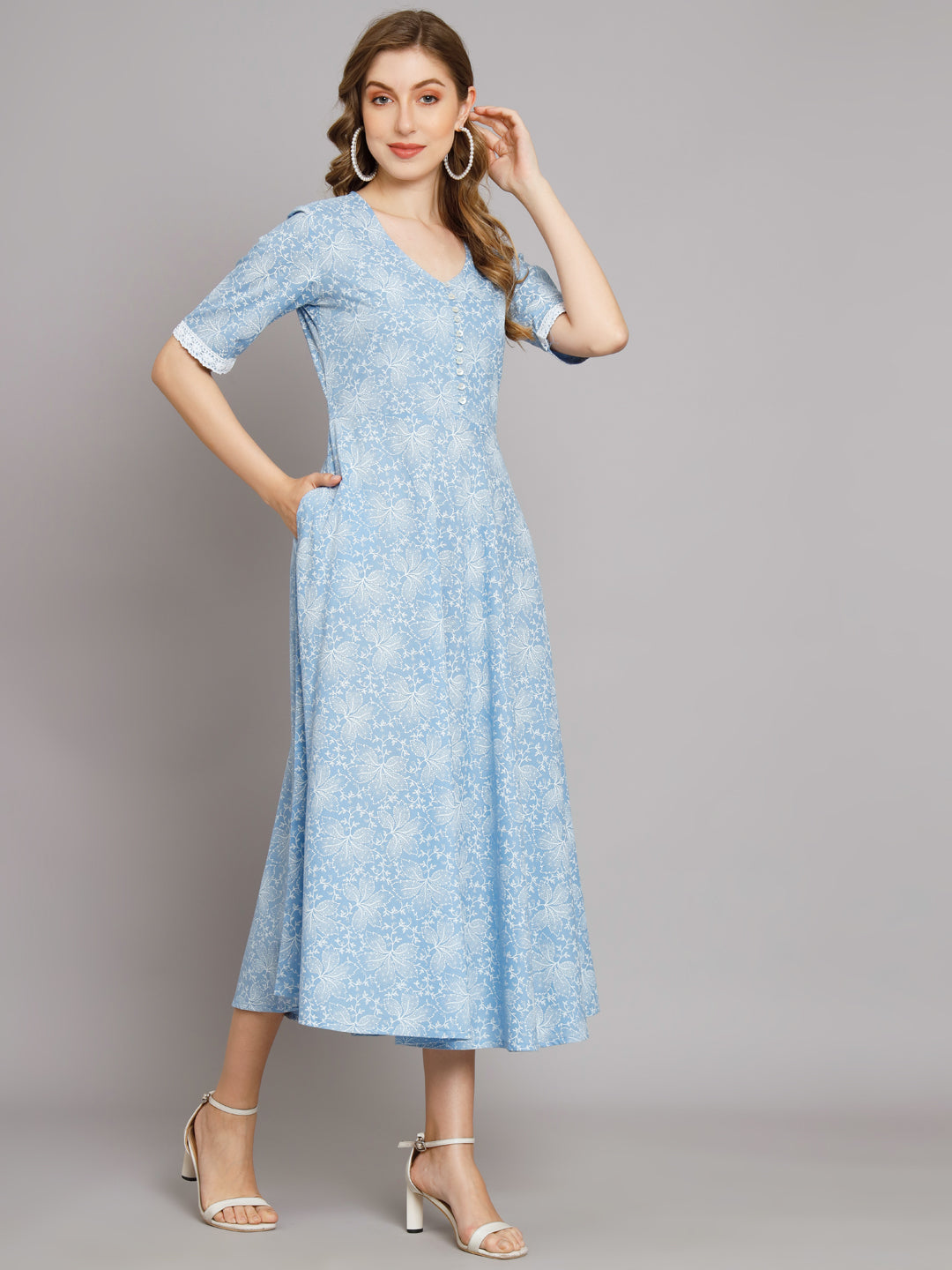 Blue Textured Print Lurex Maxi Embellished Dress