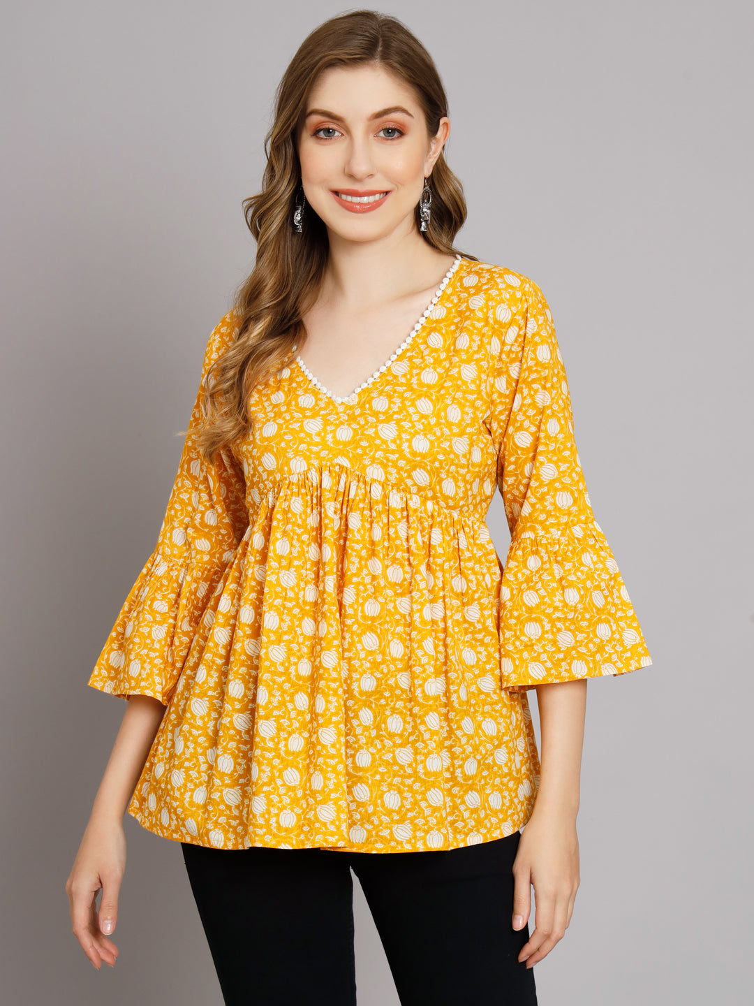 Yellow Floral Print Empire Top