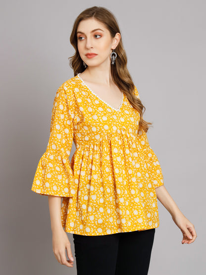 Yellow Floral Print Empire Top