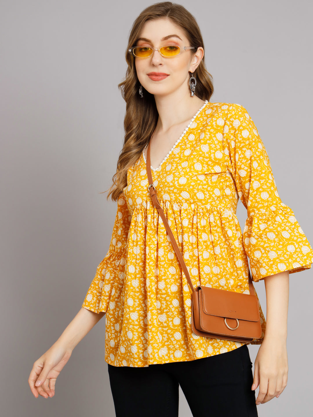 Yellow Floral Print Empire Top