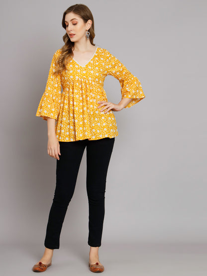 Yellow Floral Print Empire Top