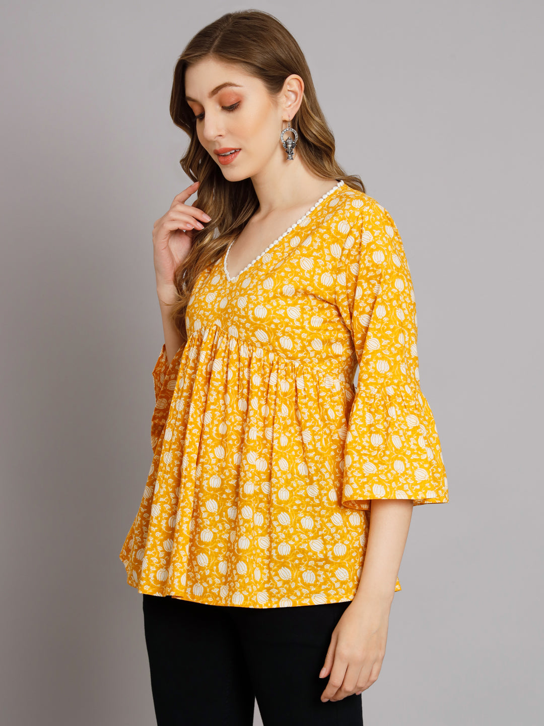 Yellow Floral Print Empire Top