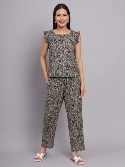 Dark Blue Cotton Print Top & Pant Co-Ord Set