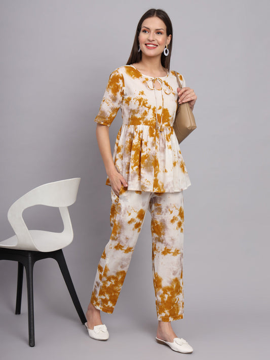 White Mustard Shaded Cotton Top & Pant  Co-Ord Set