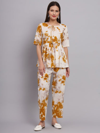 White Mustard Shaded Cotton Top & Pant  Co-Ord Set