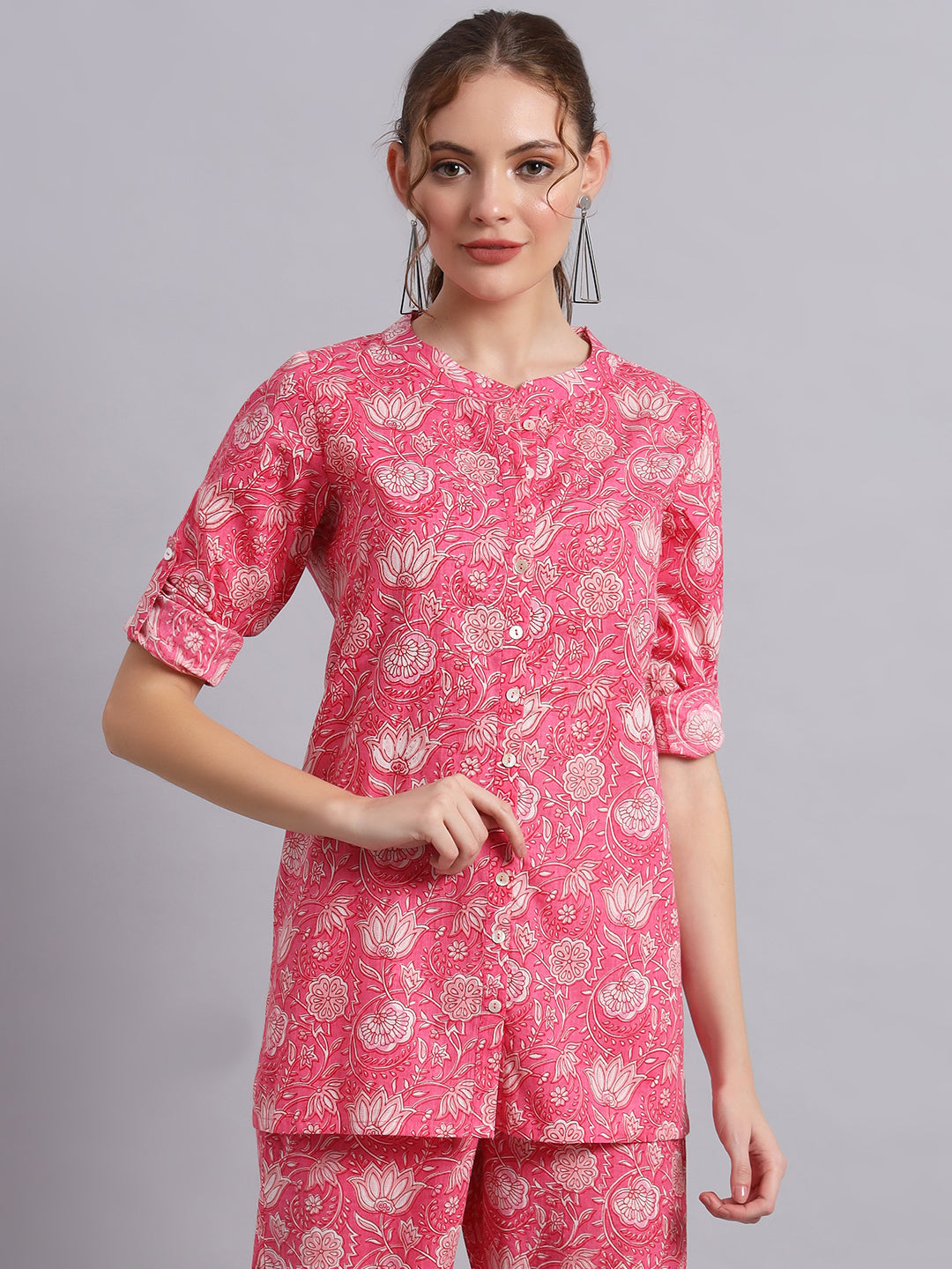 Pink Indian Print Cotton Shirt & Pant Co-Ord Set