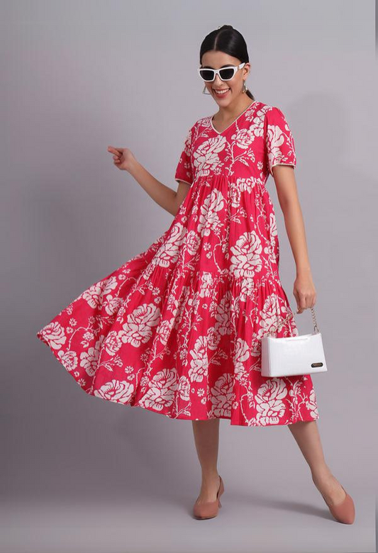 Floral Printed V-Neck Gathered Cotton Empire Midi Dress