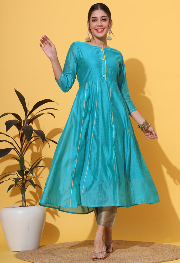 Turquoise Chanderi Anarkali Kurta