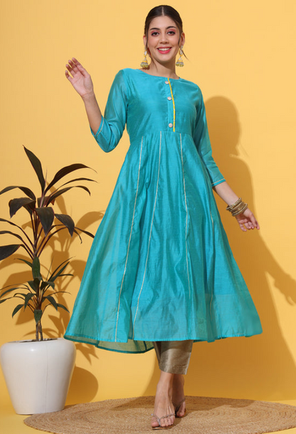 Turquoise Chanderi Anarkali Kurta