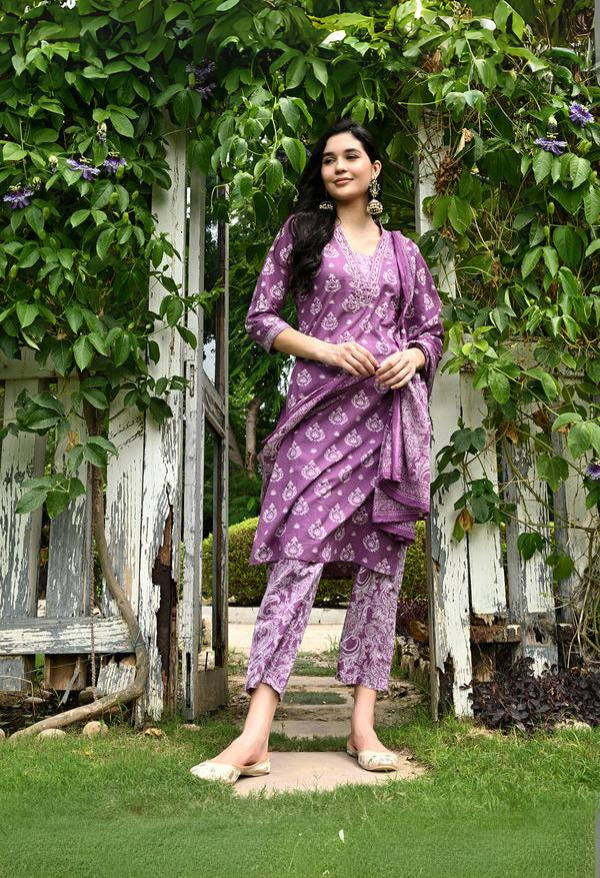 Purple Embroidered Kurta pant Dupatta Set