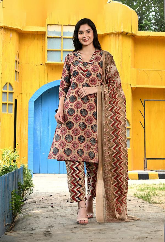 Ethnic Cotton Straight Kurta Pant Dupatta Set