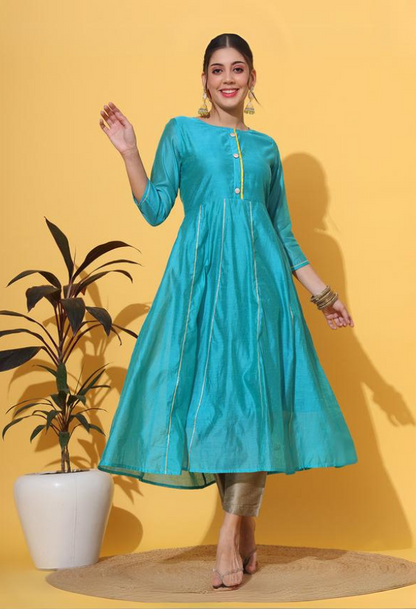 Turquoise Anarkali Gotta Chanderi Kurta Pant Set