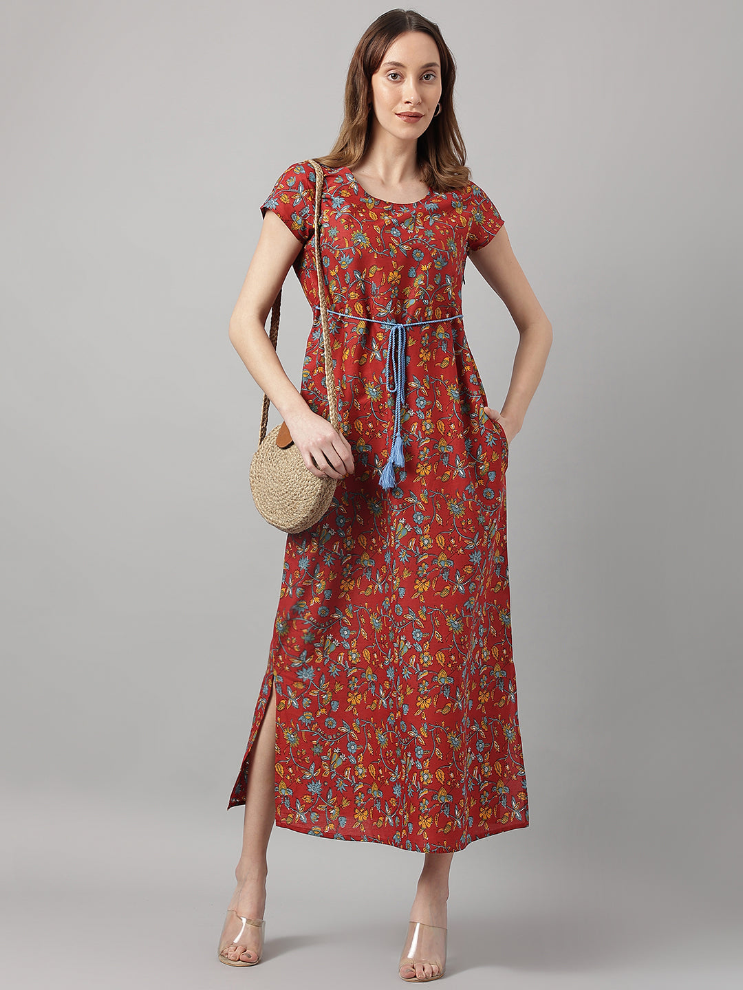 Maroon Printed Maxi Dress