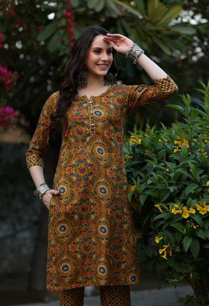 Mustard Floral Cotton Kurta