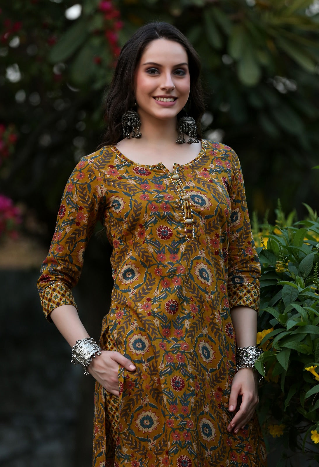 Mustard Floral Cotton Kurta