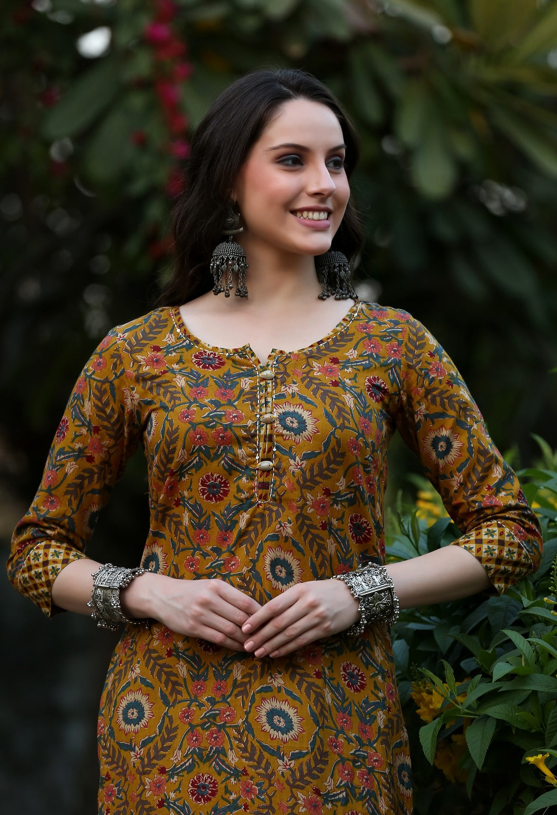 Mustard Floral Cotton Kurta