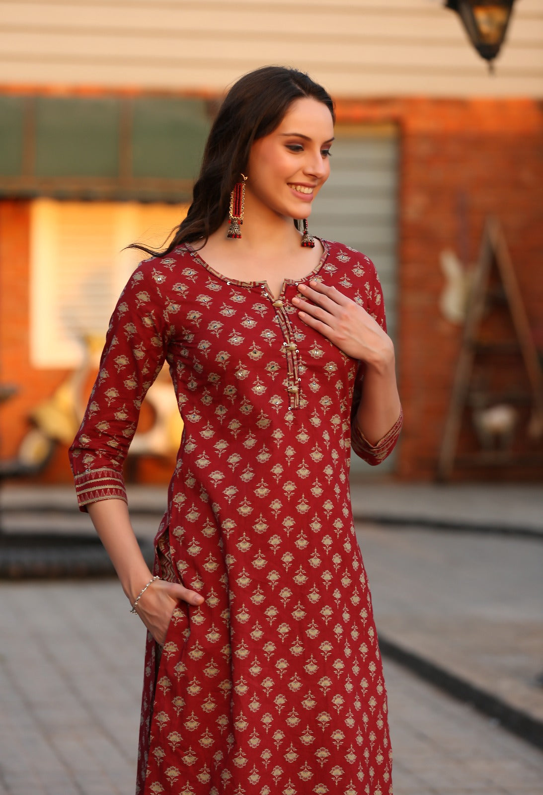 Red Floral Cotton Kurta