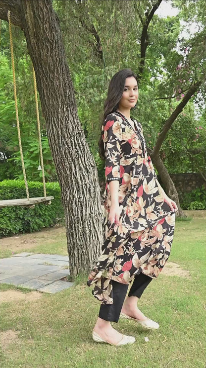 Black Abstract Flared Kurta Pant Set